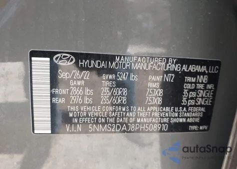 2023 Hyundai Santa Fe Sel z USA, uszkodzony, nr VIN 5NMS2DAJ8PH508910